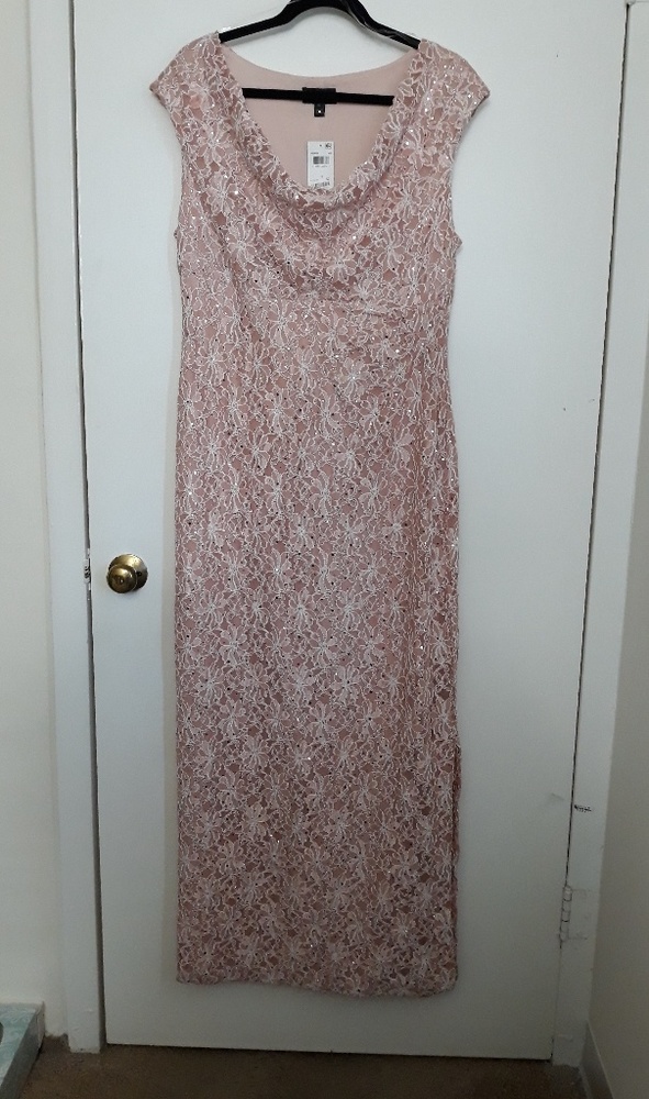 Connected Sequined Lace Cowl-Neck Gown Nude pink